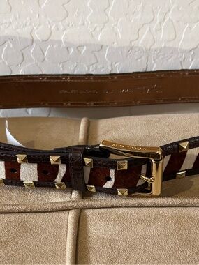 Michael Kors Studded Brown & Cream Calf-Hair Leather Women’s Belt